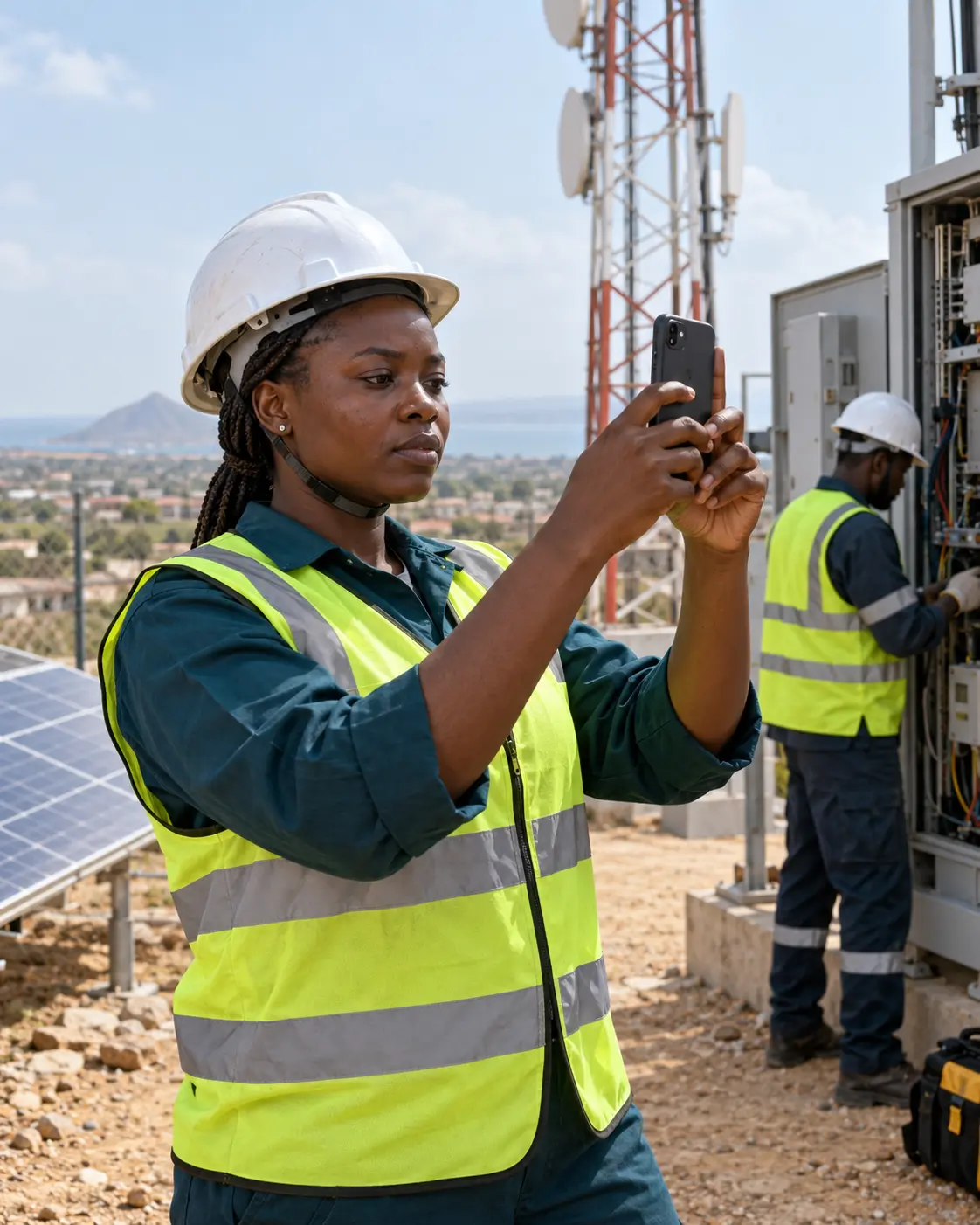Engineer capturing a site update on her phone